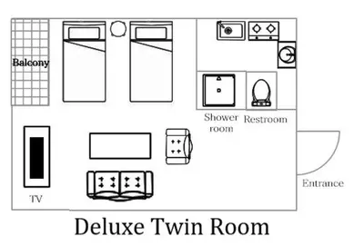 a floor plan of a twin room with furniture at Tokyo Sakurako Hatchobori in Tokyo
