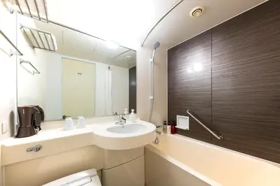 a bathroom with a sink and a mirror and a tub at Villa Fontaine Tokyo Kudanshita in Tokyo