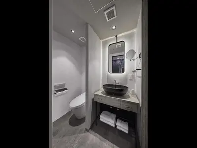 a bathroom with a sink and a toilet and a mirror at Villa Fontaine Grand Tokyo Roppongi in Tokyo