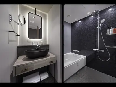 a bathroom with a sink and a mirror and a tub at Villa Fontaine Grand Tokyo Roppongi in Tokyo