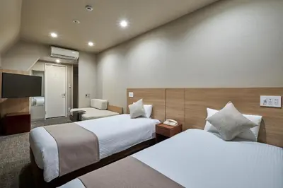 a hotel room with two beds and a flat screen tv at Villa Fontaine Tokyo Jimbocho in Tokyo