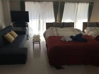 a bedroom with two beds and a couch and a television at G&R House 102 in Tokyo