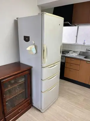 a white refrigerator in a kitchen next to a cabinet at G&R House302 in Tokyo