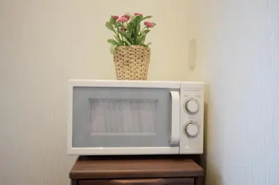 a microwave with a plant sitting on top of it at 3 min to Komagome Sta by foot, 15-minute to Shinju, Tokyo station by JR in Tokyo