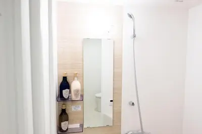 a bathroom with a mirror and a toilet at NEST HATAGAYA Stylish Apt in Tokyo