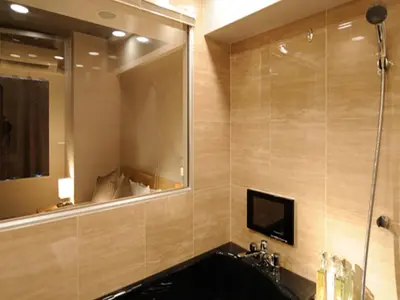 a bathroom with a sink and a mirror at Roppongi Hotel S in Tokyo