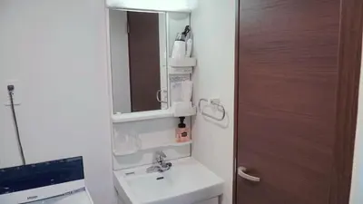 a bathroom with a sink and a mirror at Laffitte Tokyo in Tokyo