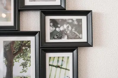 a group of framed pictures on a wall at Uhome Ueno Apartment 4 in Tokyo