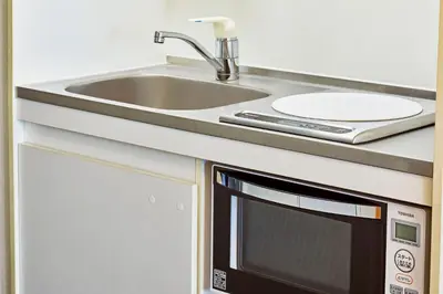 a microwave under a counter with a sink at Hotel Lumiere Kasai in Tokyo