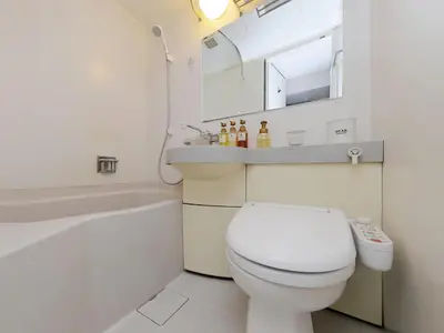 a white bathroom with a toilet and a sink at Keio Presso Inn Kanda in Tokyo