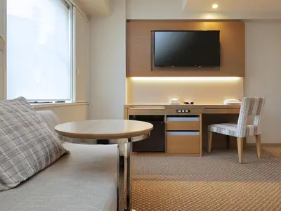 a hotel room with a desk and a tv at Keio Presso Inn Otemachi in Tokyo