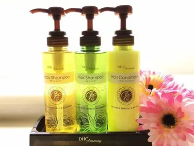 three bottles of hair products sitting next to a flower at HOTEL LiVEMAX Asakusa-Ekimae in Tokyo