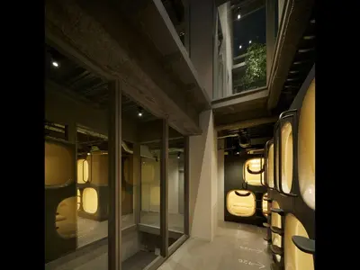 a hallway of a building with windows and lights at 9h nine hours Hamamatsucho in Tokyo