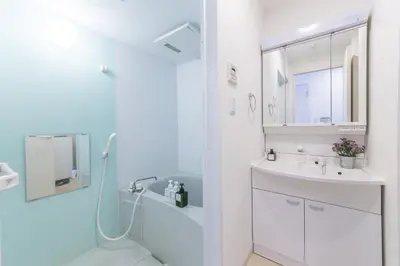 a white bathroom with a shower and a sink at SHINJUKU Residence BLDG in Tokyo