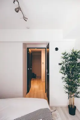 a bedroom with a white bed and a potted plant at Dash Living Nihonbashi in Tokyo