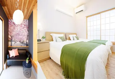 a bedroom with a large bed and a large window at SAKURANOMA in Tokyo