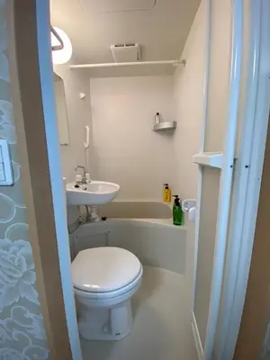 a small bathroom with a toilet and a sink at Allcomein Hotel Akihabara in Tokyo