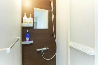 a bathroom with a shower with a mirror and a sink at Nano North Shinjuku Apartment by Tranova in Tokyo