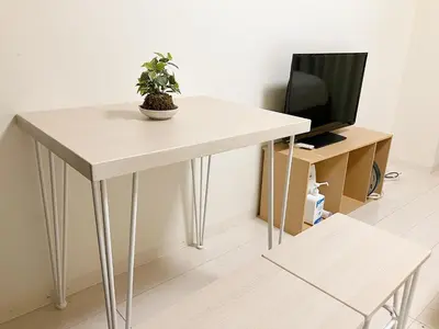 a table with a potted plant on it next to a television at CIEL BLEU in Tokyo
