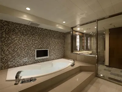 a large bathroom with a tub and a tv at Meguroholic Hotel in Tokyo