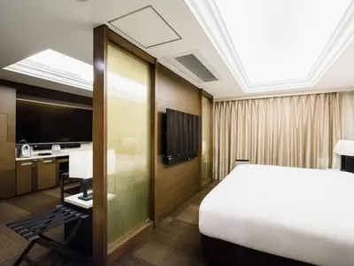 a hotel room with a bed and a tv at Meguroholic Hotel in Tokyo