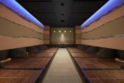 a hall with a row of chairs and a wall with purple lights at Villa Fontaine Grand Tokyo Ariake in Tokyo