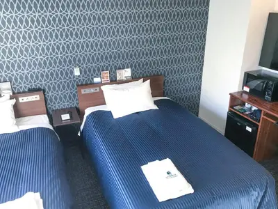 a hotel room with two beds and a television at HOTEL LiVEMAX Shinjuku Kabukicho-Meijidori in Tokyo