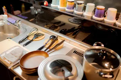 a kitchen counter with pots and pans and a sink at HIRAI UTOPIA HOTEL in Tokyo