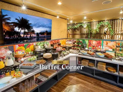 a buffet counter with food in a restaurant at Hotel Balian Resort Shinjuku Honten in Tokyo