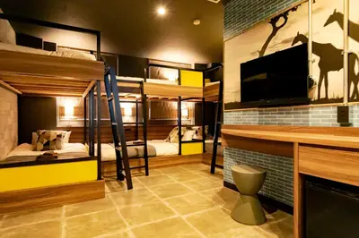 a room with two bunk beds and a tv at UNDER RAILWAY HOTEL AKIHABARA in Tokyo