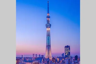 a view of the eiffel tower at dusk at Cozy house \u845b\u98fe in Tokyo