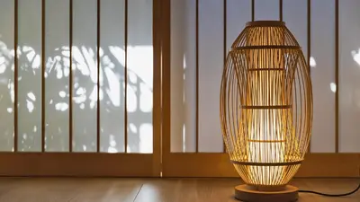 a wicker lamp sitting on a floor in front of a window at Stay SAKURA Tokyo Asakusa Yokozuna Hotel in Tokyo