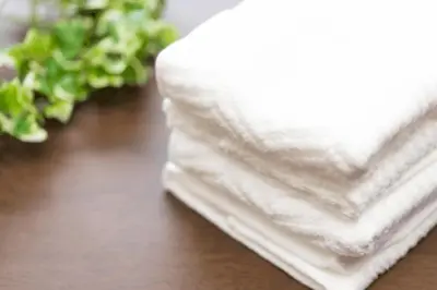 a stack of white towels on a table with a plant at H2O Stay Kikukawa Woody Sunheim #201 in Tokyo