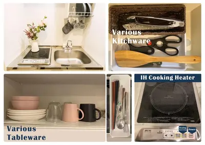 a collage of four pictures of a kitchen with a sink at nestay inn tokyo kagurazaka in Tokyo