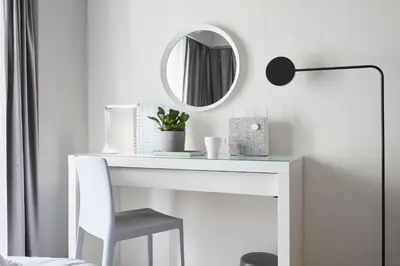 a white desk with a mirror and a chair at P OIN T - Shinjuku Kabukicho Designer's Apartment II in Tokyo