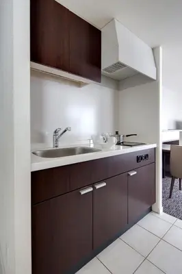 a kitchen with brown cabinets and a sink at Somerset Ginza East Tokyo in Tokyo