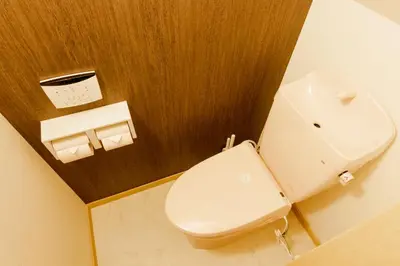 a bathroom with a white toilet in a room at Crescent Moon Nakanoshimbashi in Tokyo