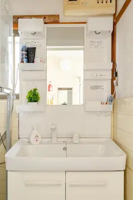 a bathroom with a white sink and a mirror at \u6c60\u888b\u99c5\u307e\u3067\u5f92\u6b6915\u5206 \u7573\u306e\u5bb6 in Tokyo
