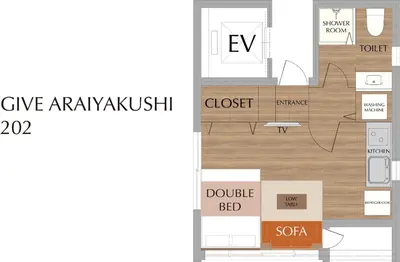 a plan of a small apartment with a floor plan at GIVE Araiyakushi in Tokyo