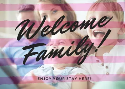 a flyer for a welcome family with a young girl at HARMONIA\u6771\u4eac\u6e0b\u8c37 shibuya in Tokyo