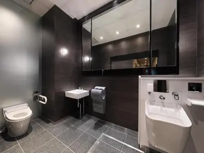 a bathroom with a toilet and a sink and a mirror at APA Hotel Nihombashi Bakuroyokoyama Ekimae in Tokyo