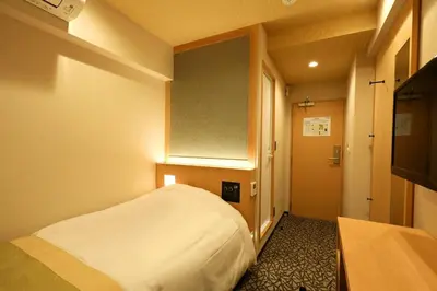 a small room with a bed and a television at Hotel Matsunoi in Tokyo