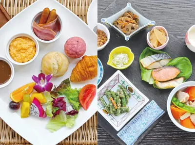 a table with a plate of food and bowls of food at Hotel Grand Hill Ichigaya in Tokyo