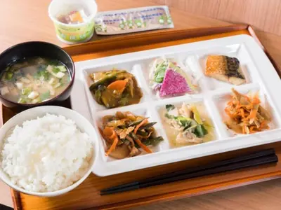 a tray of food with rice and other foods at Super Hotel Tokyo Kinshicho Ekimae / Vacation STAY 79347 in Tokyo