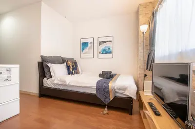 a small bedroom with a bed and a television at Asakusa Panda Hostel in Tokyo