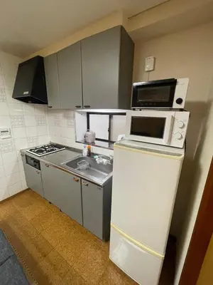 a small kitchen with a microwave and a stove at \u30a2\u30f3\u30c9\u30b9\u30c6\u30a4\u662d\u548c\u753a in Tokyo