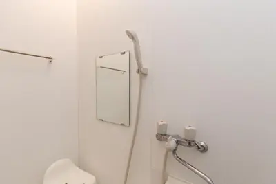 a bathroom with a toilet and a mirror on the wall at Nakano Apartment hotel in Tokyo