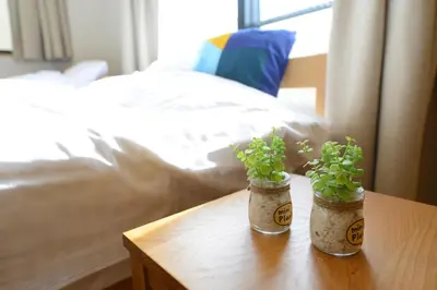 two potted plants sitting on a table next to a bed at Sumida-ku - House / Vacation STAY 80342 in Tokyo