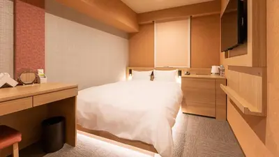 a hotel room with a bed and a desk at Galois Hotel Shinokubo in Tokyo