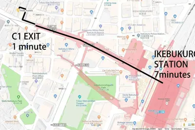 a map showing the approximate location of the c exit minute line at Tabist Hotel Aurora Ikebukuro in Tokyo